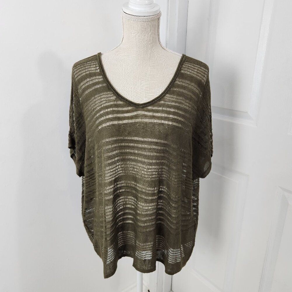 Pure Jill Top Womens L Green Striped Linen Blend Sheer Minimalist Lagenlook